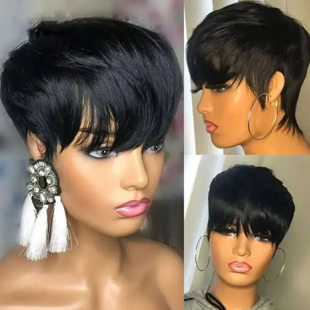 Short Pixie Cut Straight Hair Wig Brazilian Remy Hair Human Hair Wigs With Bangs 613 Honey Blonde Color Wig Cheap Glueless Wig