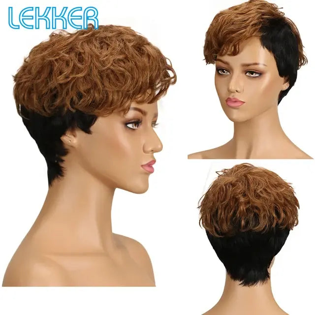 Lekker Wear to go Natural Brown Short Pixie Cut Wavy Human Hair Wigs For Women Brazilian Remy Hair Colored Side Part Bob Wigs