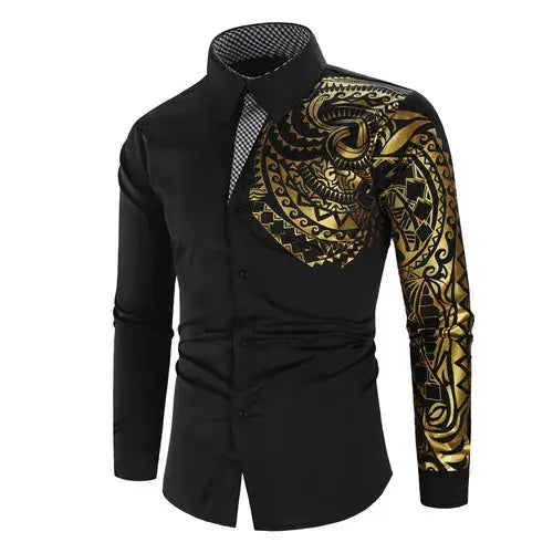 Men's Clothing Shirt Men's Luxury Gold High Quality Long Sleeve Shirt Business Dress Black Male Dress Prom Social Print Shirt