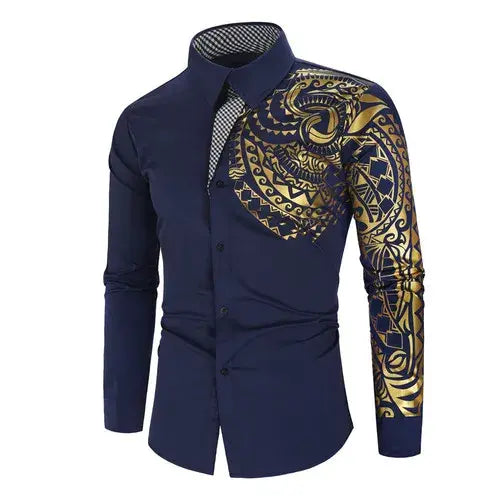 Men's Clothing Shirt Men's Luxury Gold High Quality Long Sleeve Shirt Business Dress Black Male Dress Prom Social Print Shirt