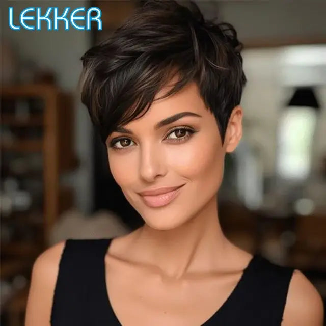 Lekker Wear to go Natural Brown Short Pixie Cut Wavy Human Hair Wigs For Women Brazilian Remy Hair Colored Side Part Bob Wigs