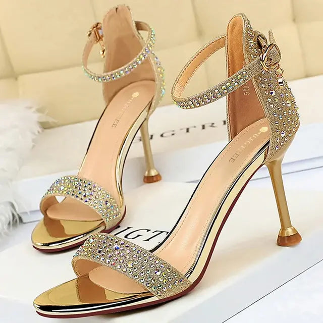 BIGTREE Shoes Rhinestone High Heels Women Pumps Sexy Kitten Heels Party Shoes Open Toe Women Sandals Heel Stiletto Wedding Shoes