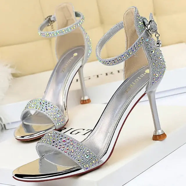 BIGTREE Shoes Rhinestone High Heels Women Pumps Sexy Kitten Heels Party Shoes Open Toe Women Sandals Heel Stiletto Wedding Shoes