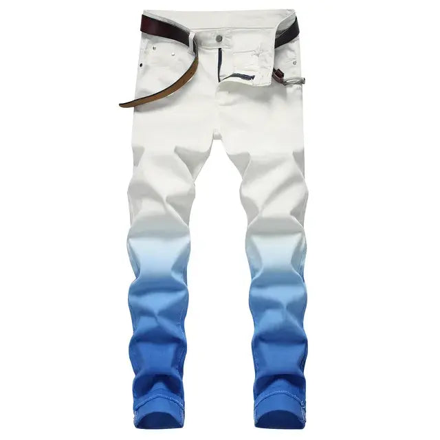 New Fashion Gradient Color Small Straight Stretch Jeans Male High Street Slim Jeans Long High Quality Casual Denim Pants White