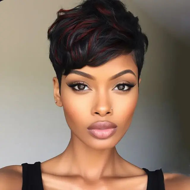 Lekker Wear to go Natural Brown Short Pixie Cut Wavy Human Hair Wigs For Women Brazilian Remy Hair Colored Side Part Bob Wigs