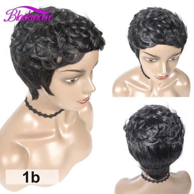 Short Weave Wigs for Women 100% Human Hair Short Pixie Cut Wigs with Bangs Full Machine Made Romace Weave #4 Natural Black Color