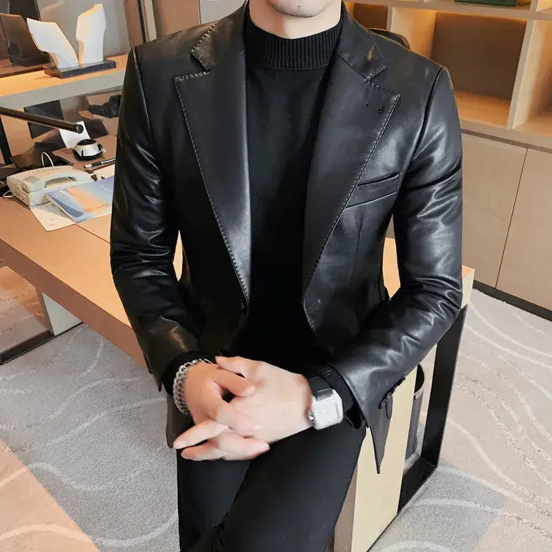 Brand Clothing Men Spring Blazers High Quality Casual Leather Jacket/Male Slim Fit Fashion Leather Suit Coat Plus Size S-3XL