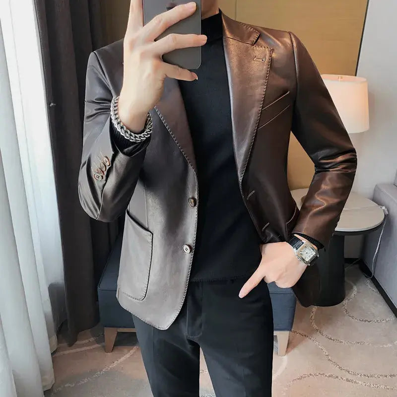 Brand Clothing Men Spring Blazers High Quality Casual Leather Jacket/Male Slim Fit Fashion Leather Suit Coat Plus Size S-3XL