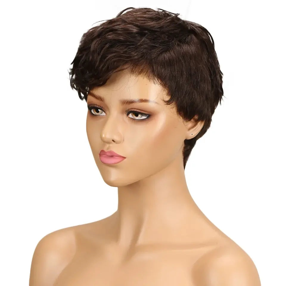 Lekker Wear to go Natural Brown Short Pixie Cut Wavy Human Hair Wigs For Women Brazilian Remy Hair Colored Side Part Bob Wigs