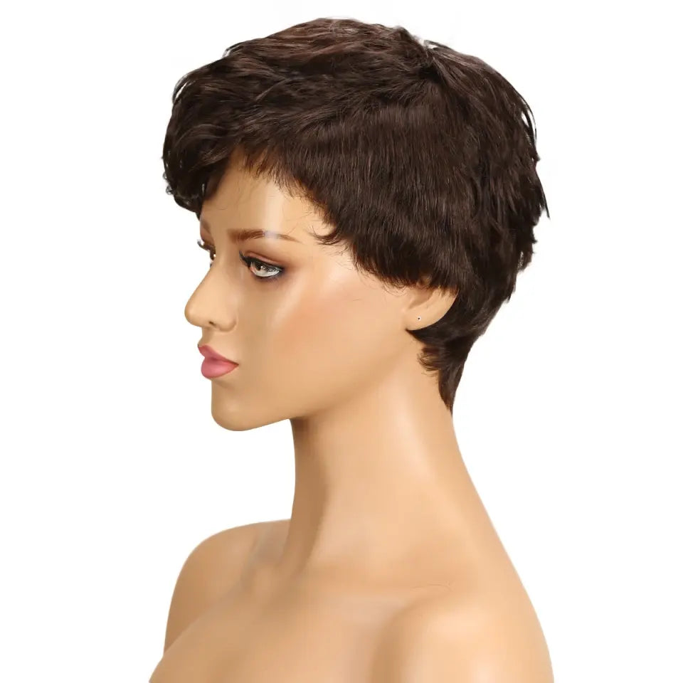 Lekker Wear to go Natural Brown Short Pixie Cut Wavy Human Hair Wigs For Women Brazilian Remy Hair Colored Side Part Bob Wigs