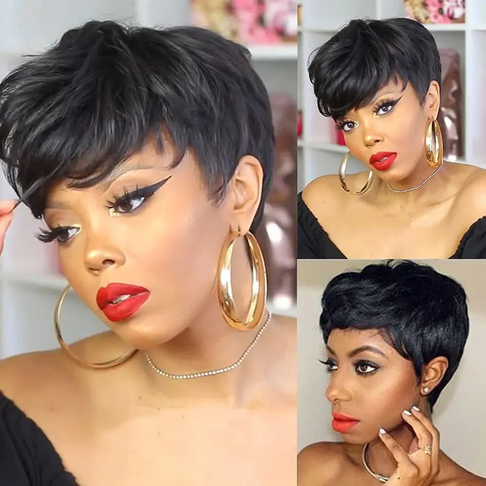 Short Weave Wigs for Women 100% Human Hair Short Pixie Cut Wigs with Bangs Full Machine Made Romace Weave #4 Natural Black Color