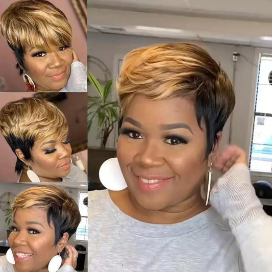 Short Pixie Cut Wigs 4/27 Human Hair Wigs with Bangs Ombre Pixie Wigs for Women Natural Straight Glueless Wigs Bob Cut Wigs