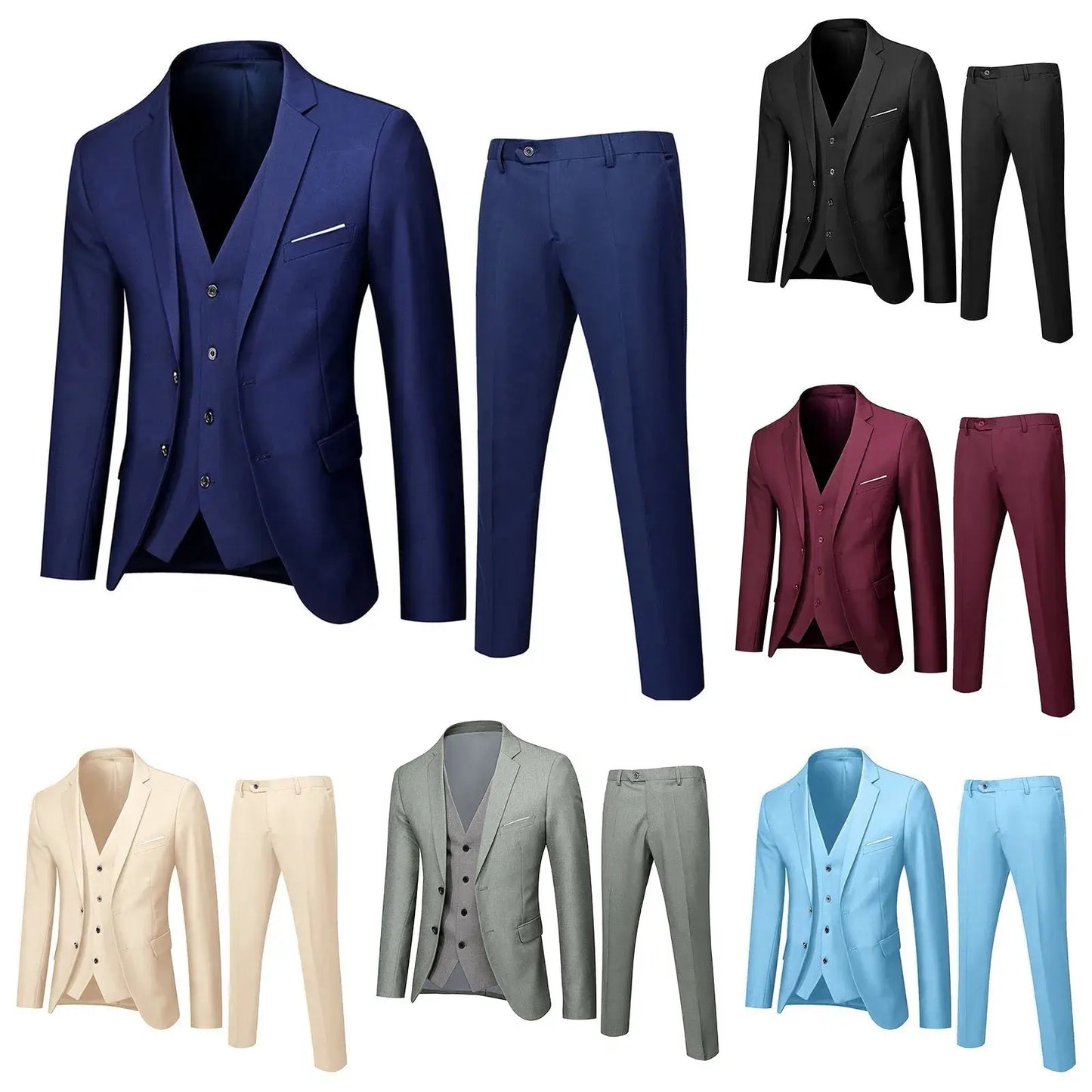 Men’s Suit 3 Piece Business Wedding Party Blazer & Vest & Pant Spring Autumn Lightweight Single Breasted Buttons Groomsman Suits