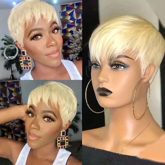 Short Pixie Cut Straight Hair Wig Brazilian Remy Hair Human Hair Wigs With Bangs 613 Honey Blonde Color Wig Cheap Glueless Wig