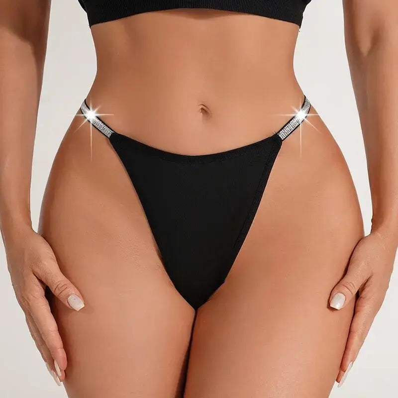 Black Silver Buckle Thongs Women's Panties Low Rise Female Sexy G-string Hollow Out Strap Lingerie Comfortable Solid Underpants