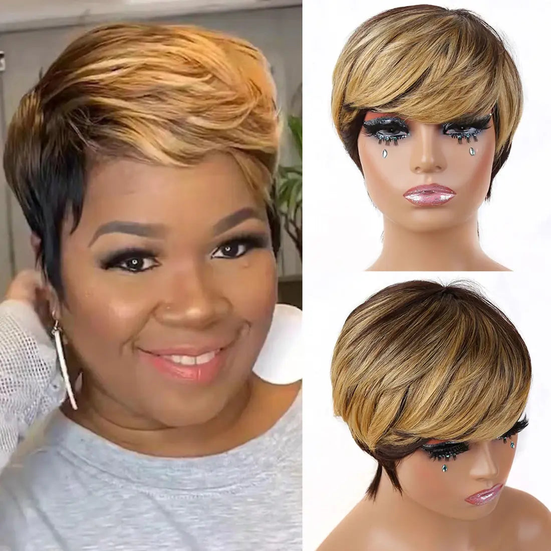 Short Pixie Cut Wigs 4/27 Human Hair Wigs with Bangs Ombre Pixie Wigs for Women Natural Straight Glueless Wigs Bob Cut Wigs