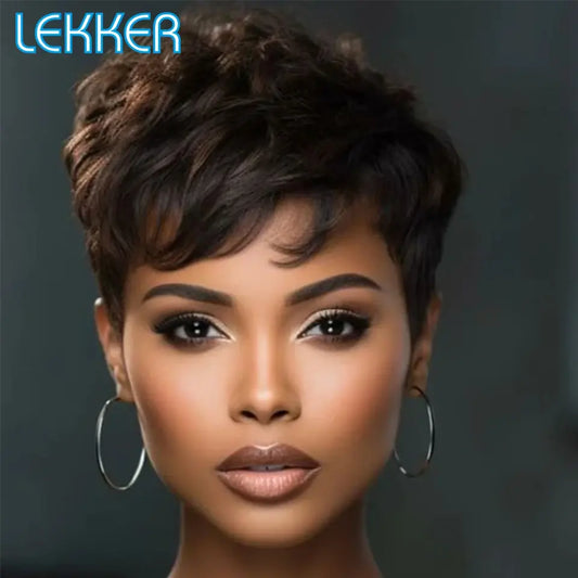 Lekker Wear to go Natural Brown Short Pixie Cut Wavy Human Hair Wigs For Women Brazilian Remy Hair Colored Side Part Bob Wigs