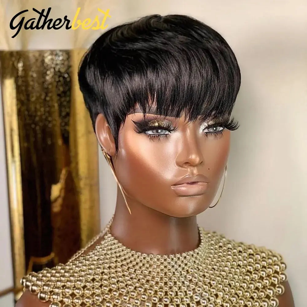 Short Human Hair Wigs Pixie Cut Straight perruque bresillienne for Black Women Machine Made Wigs With Bangs Cheap Glueless Wig