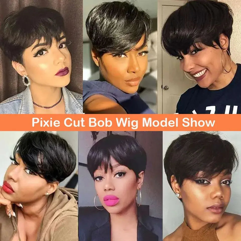 Cheap Short Straight Bob Wig Human Hair Wigs For Women With Bangs Natural Black Red Glueless Machine Pixie Cut Wigs Human Hair