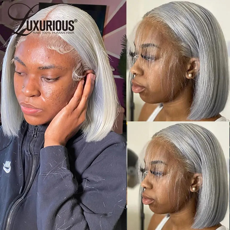 LUXURIOUS Silver Grey Short Bob Human Hair Wigs For Women 13x4 Transparent Lace Frontal Wig Straight Brazilian Remy Hair Wig