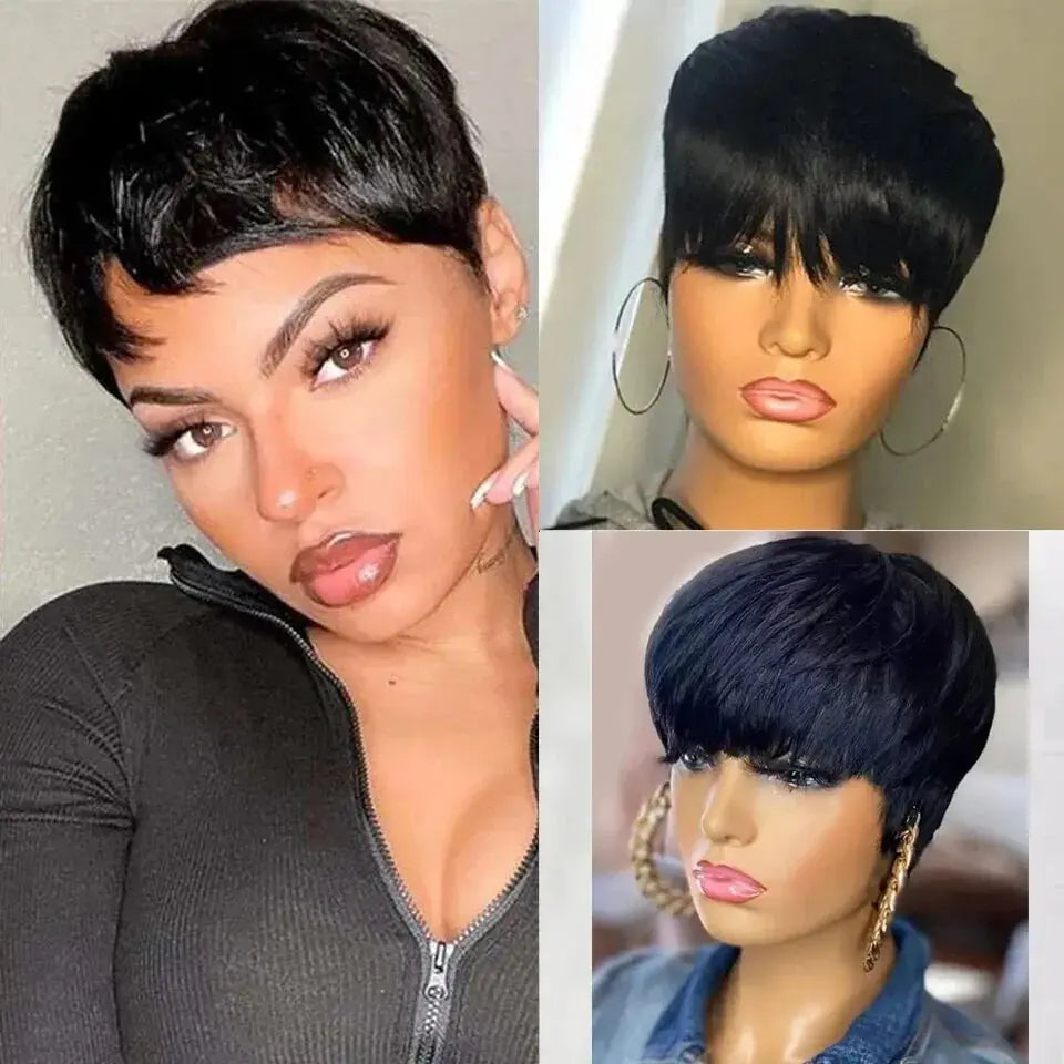 Cheap Short Straight Bob Wig Human Hair Wigs For Women With Bangs Natural Black Red Glueless Machine Pixie Cut Wigs Human Hair