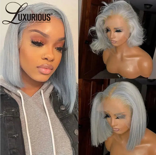 LUXURIOUS Silver Grey Short Bob Human Hair Wigs For Women 13x4 Transparent Lace Frontal Wig Straight Brazilian Remy Hair Wig