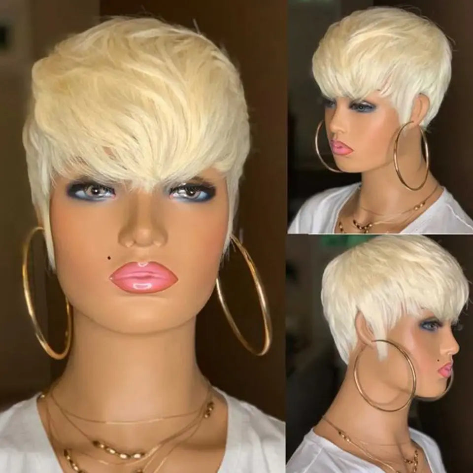 Short Pixie Cut Straight Hair Wig Brazilian Remy Hair Human Hair Wigs With Bangs 613 Honey Blonde Color Wig Cheap Glueless Wig