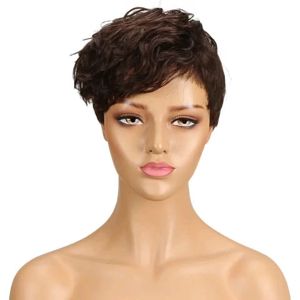 Lekker Wear to go Natural Brown Short Pixie Cut Wavy Human Hair Wigs For Women Brazilian Remy Hair Colored Side Part Bob Wigs