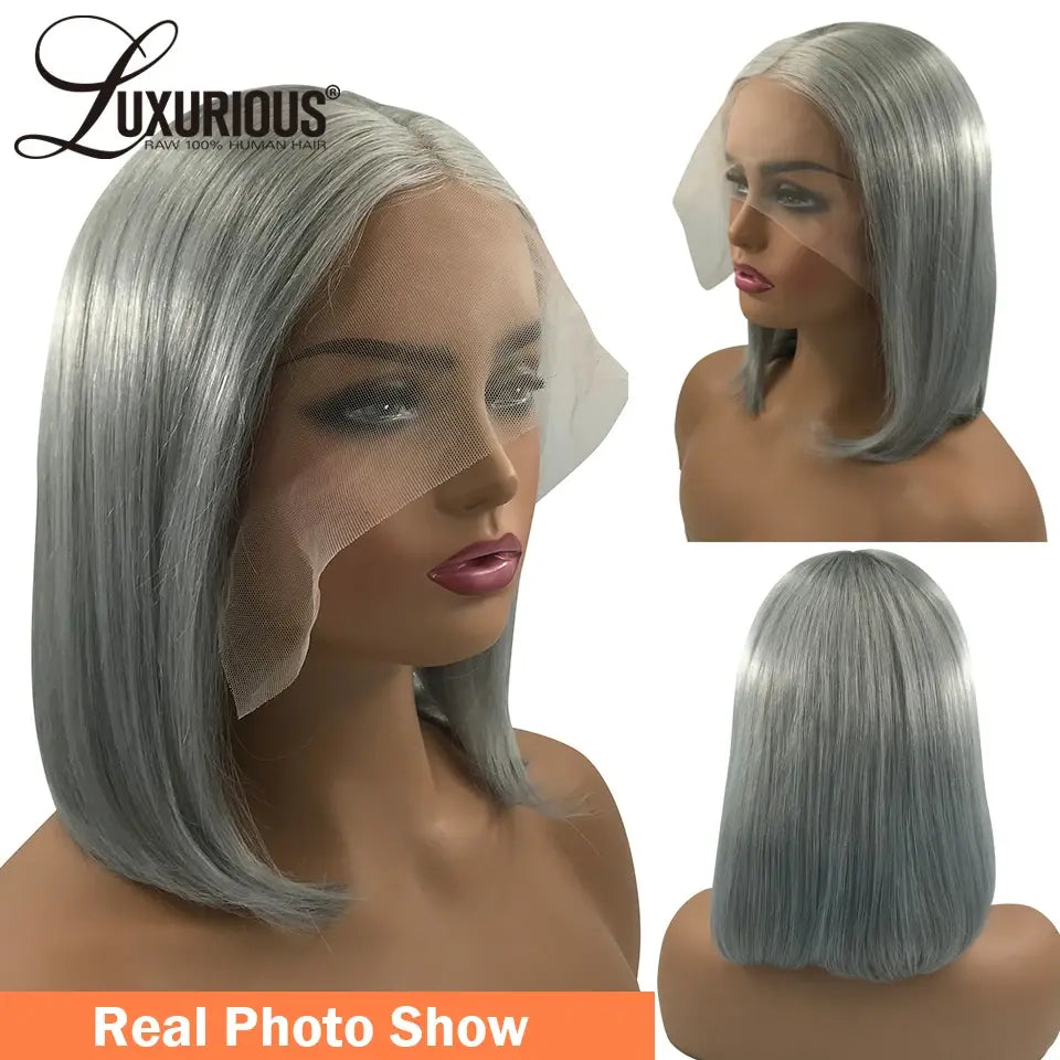 LUXURIOUS Silver Grey Short Bob Human Hair Wigs For Women 13x4 Transparent Lace Frontal Wig Straight Brazilian Remy Hair Wig