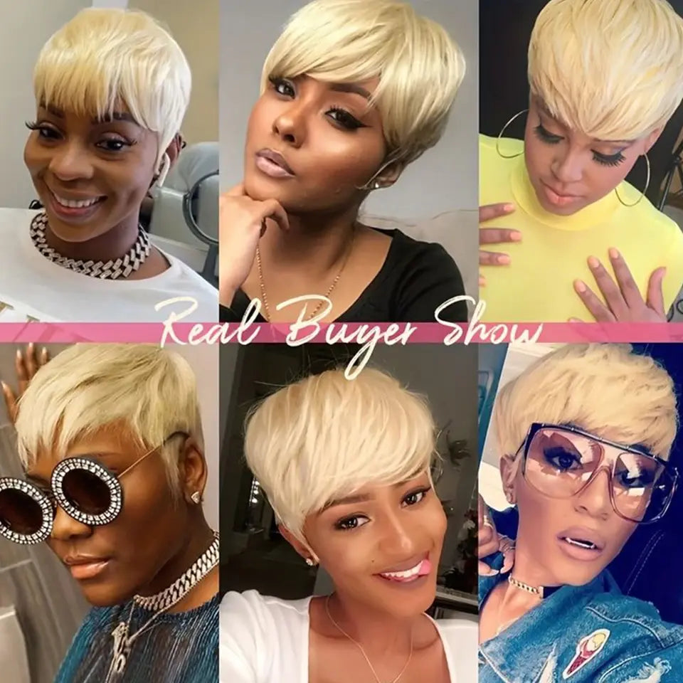 Short Pixie Cut Straight Hair Wig Brazilian Remy Hair Human Hair Wigs With Bangs 613 Honey Blonde Color Wig Cheap Glueless Wig