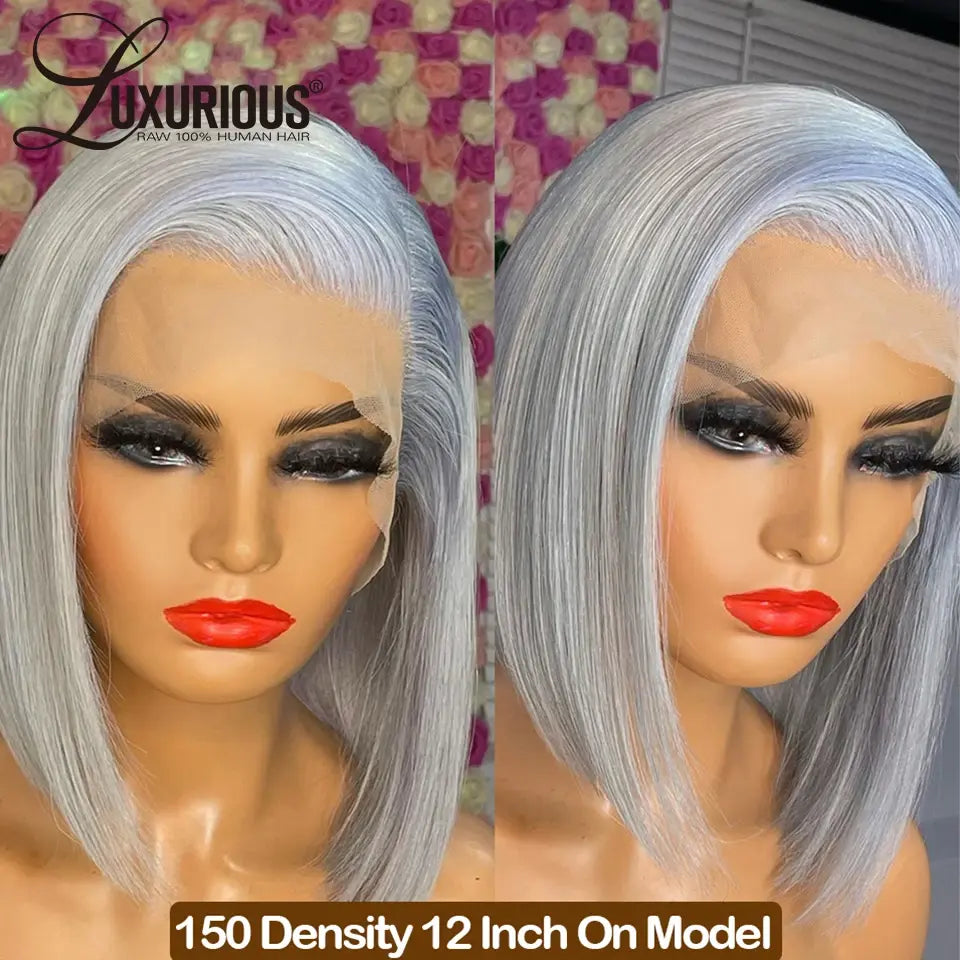 LUXURIOUS Silver Grey Short Bob Human Hair Wigs For Women 13x4 Transparent Lace Frontal Wig Straight Brazilian Remy Hair Wig