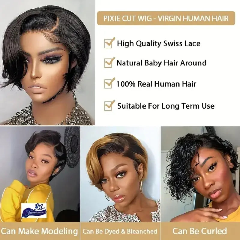 Short Pixie Cut Wigs Straight Human Hair Bob Wigs Brazilian Glueless 13*1 HD Transparent Lace Front Wigs For Women Natural Color