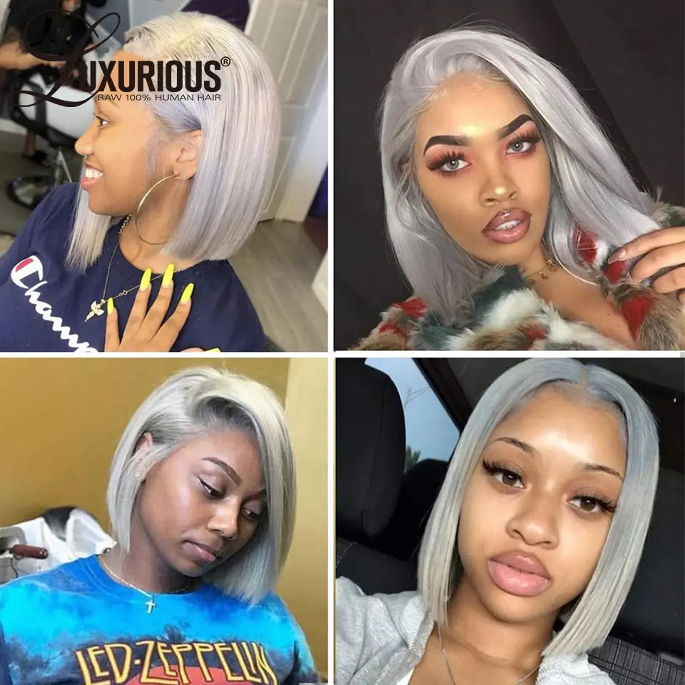 LUXURIOUS Silver Grey Short Bob Human Hair Wigs For Women 13x4 Transparent Lace Frontal Wig Straight Brazilian Remy Hair Wig